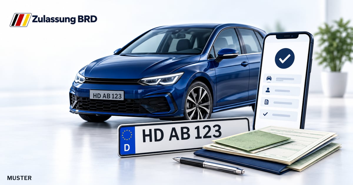 Online Fahrzeugzulassung in Ketsch: Musterkennzeichen HD AB 123, Auto und Fahrzeugpapiere und Smartphone. Illustration mit Logo von Zulassung BRD.
